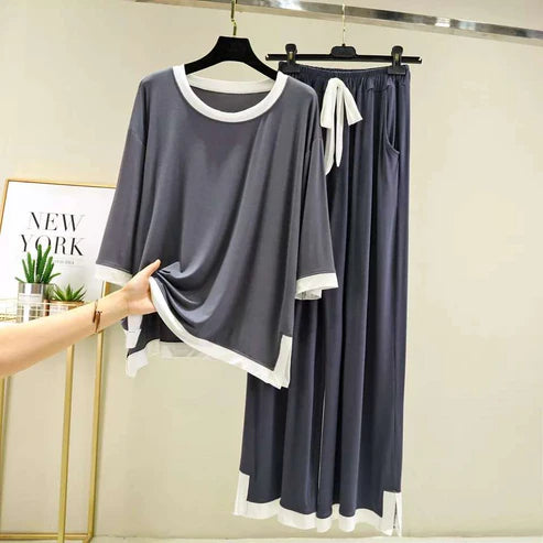Plain Grey with White Round Neck and Quarter Sleeves T Shirt with White Panel Palazzo Style Pajama Suit for Her