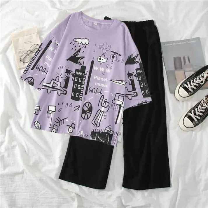Purple Multi Planets Printed Shirt With Black Trouser