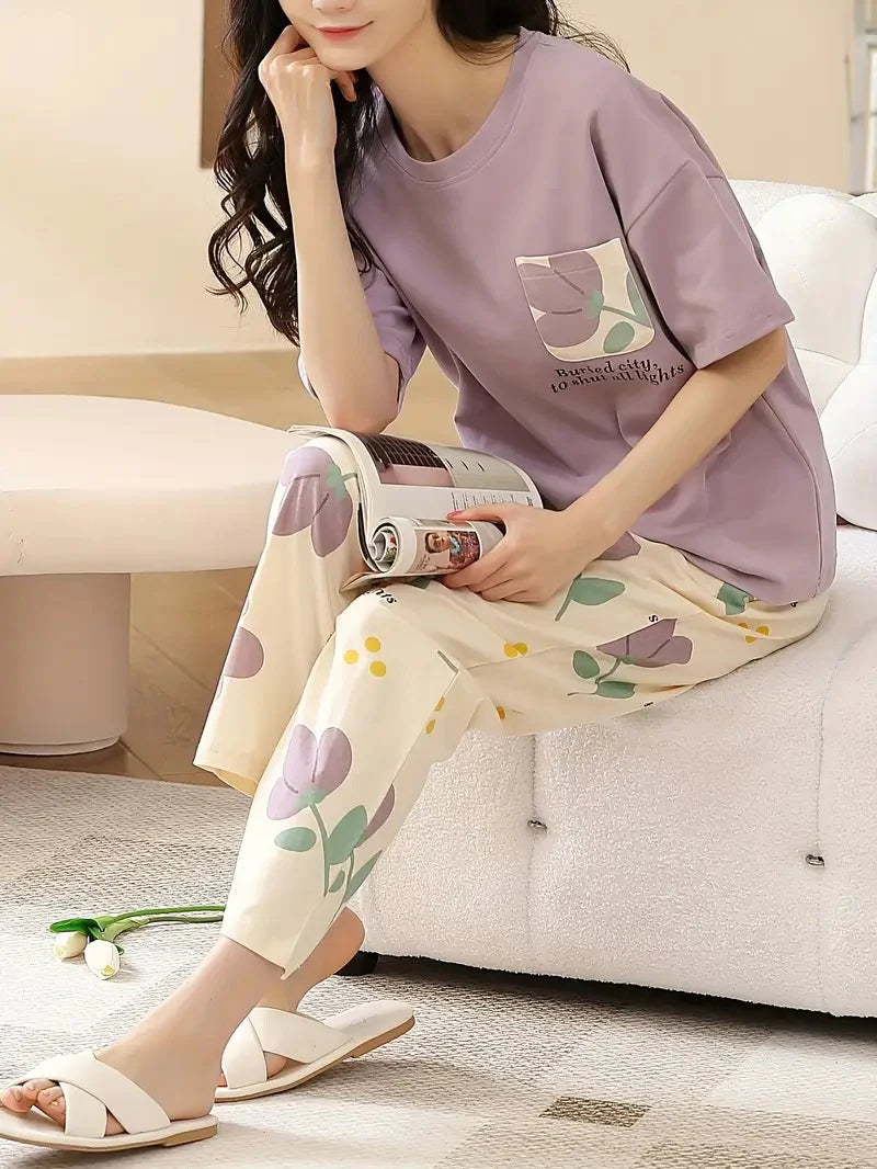 Lilac Flower Pocket Print Half Sleeves Printed Night Suit