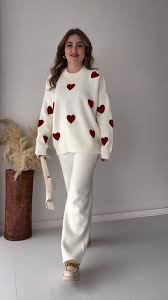 Heart printed warm winter fleece co ord Set - White and Red