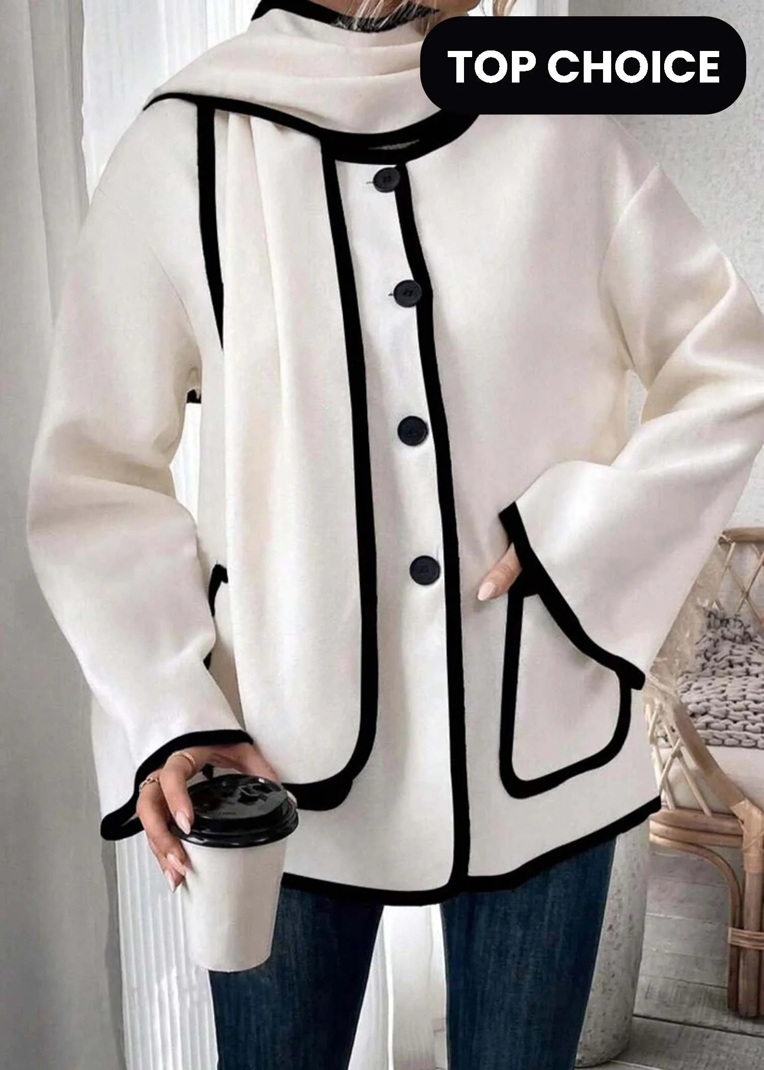 Winter Long Sleeve Trim Coat + Shawl Set