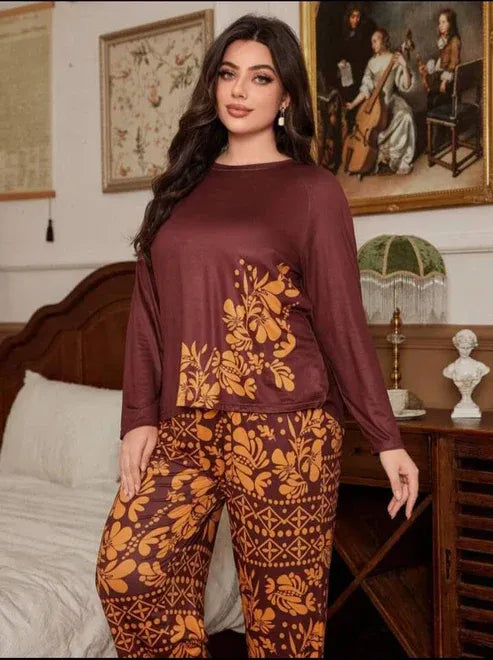 Maroon Floral Print Full Sleeves with floral Printed pajama Night Suit