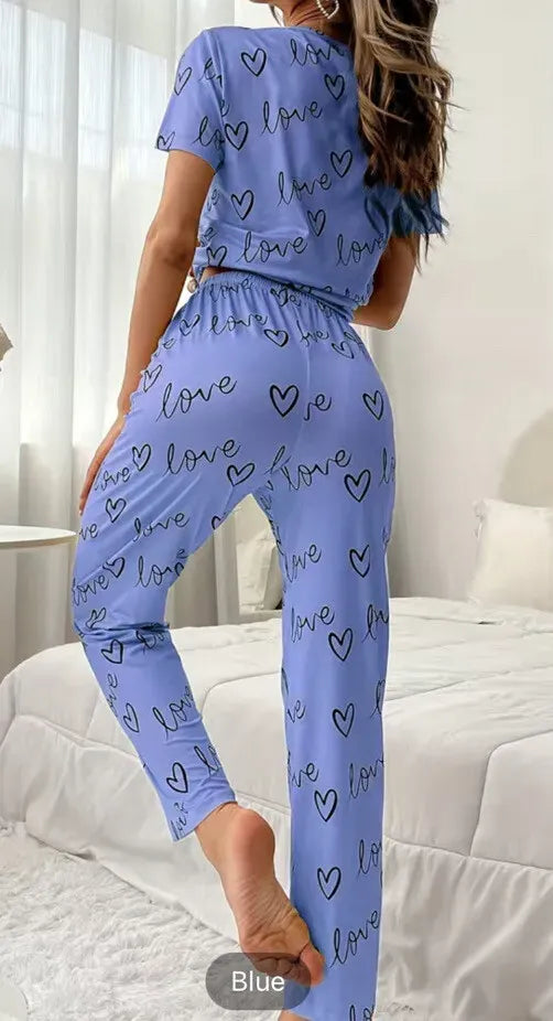 Sky Blue Love Heart Print Half Sleeves Shirt With Printed Trouser (KO-NS-004)