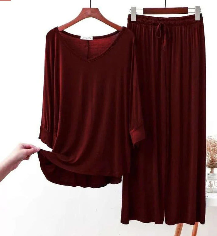 Maroon V-Neck Women Night Suit PJ Set