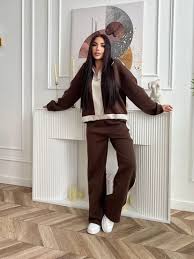 Zipper twin color winter fleece fabric track suit - Brown