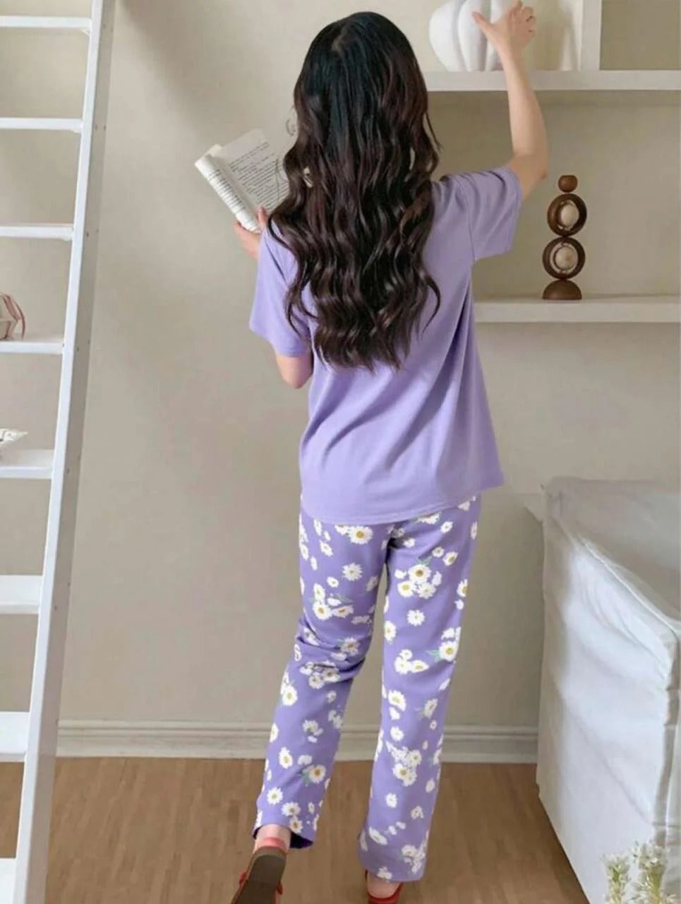 Lilac Sun Flowers Printed Half Sleeves Night Suit