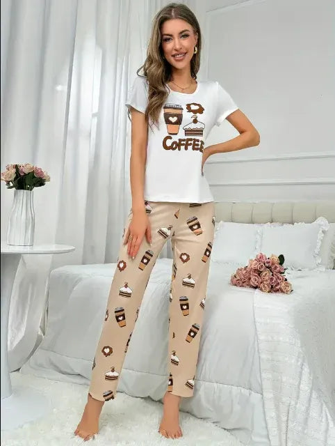 White Coffee Cake Printed Half Sleeves Night Suit