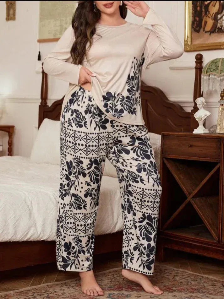 Off White Floral Print Full Sleeves with floral Printed pajama Night Suit