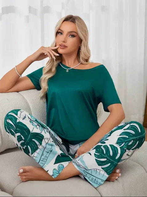 Green Plain Shirt with Leafs Pajama Printed Night Suit